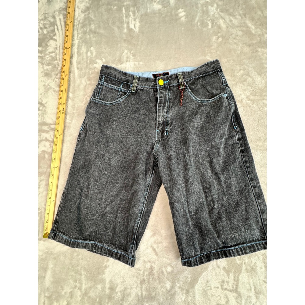 Members Property‎ Denim Shorts Mens 36 Black Acid Wash Distressed Blue Stitch